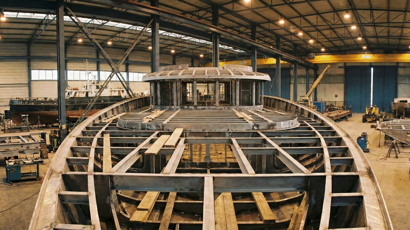 Early-stage superyacht hull construction in large shipyard: steel framework and structural build of a custom luxury yacht project