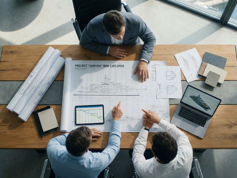 Yacht project management team reviewing detailed blueprints and material samples for 80m superyacht in professional planning meeting