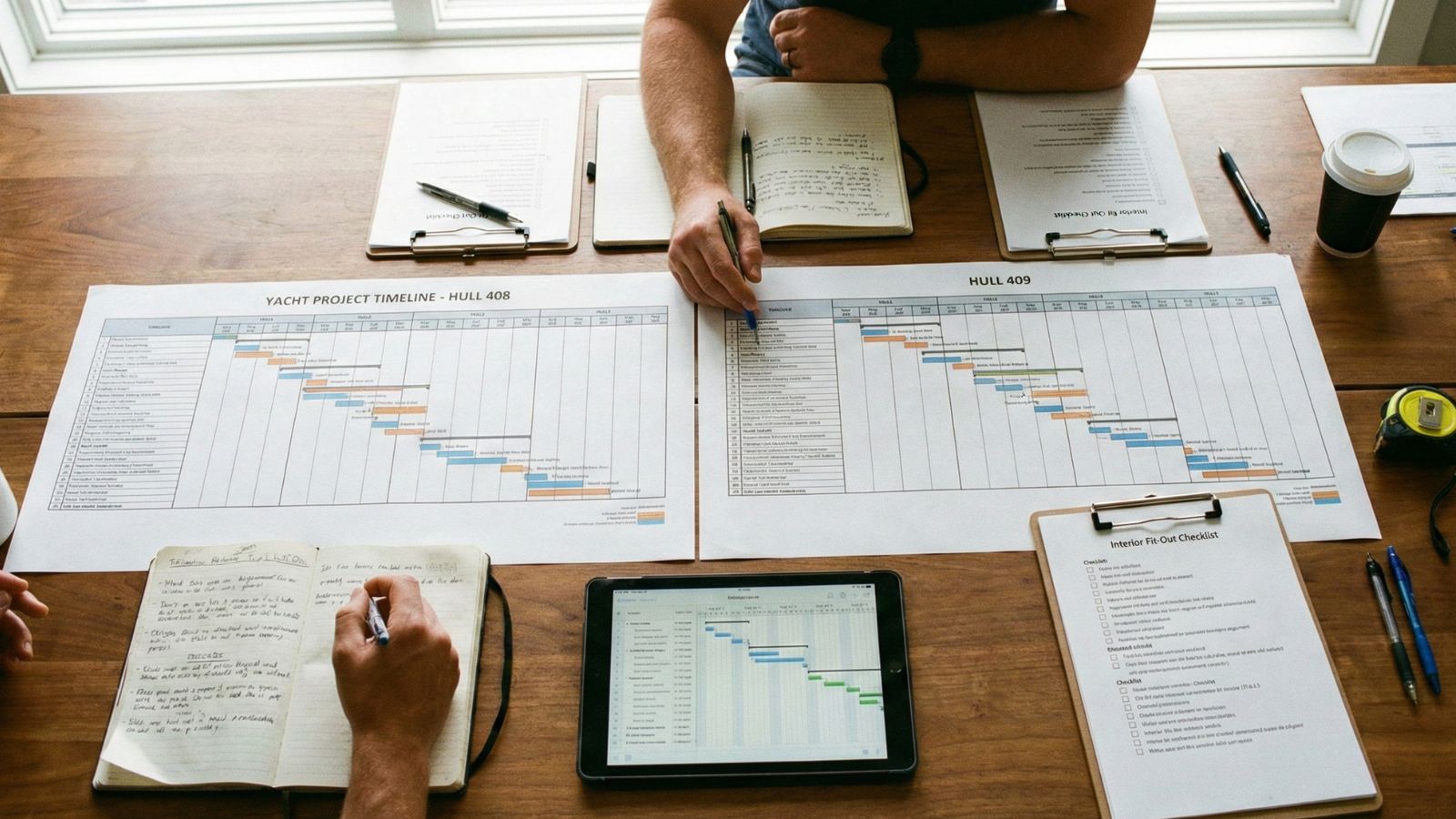 Professional yacht project timeline and checklist review: Gantt charts for hull construction phases, fit-out details, and milestone tracking in luxury yacht management