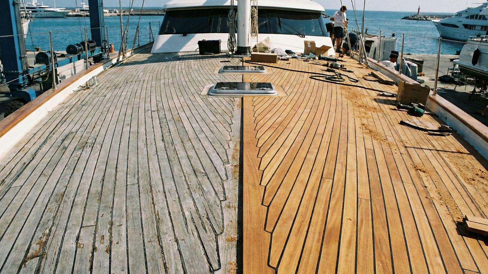Professional superyacht teak deck refit: replacing and installing premium teak planks during yacht refurbishment project