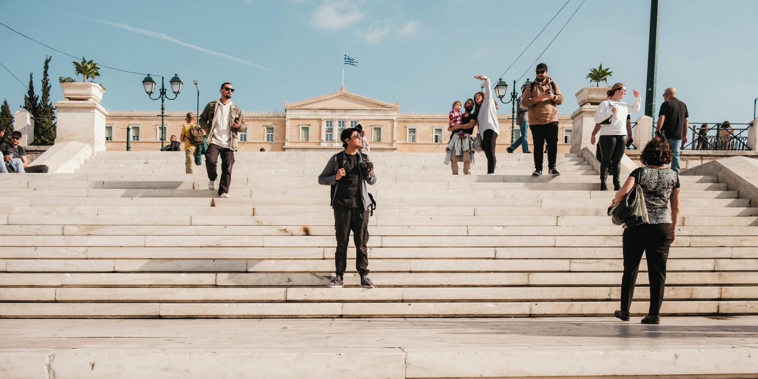 Iconic Athens scene under blue skies
